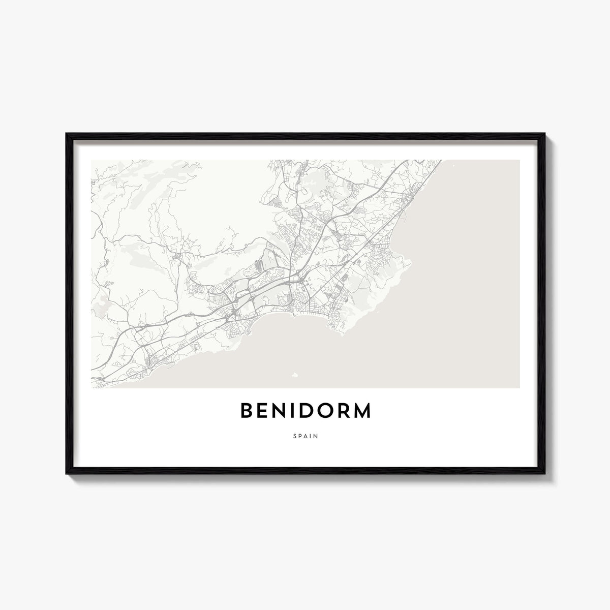 Benidorm black & white map poster of Spain – horizontal wall art, unframed print shown in interior mockup