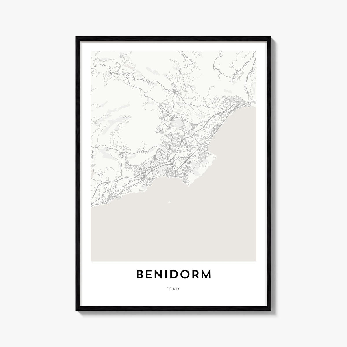 Benidorm black & white map poster of Spain – vertical wall art, unframed print shown in interior mockup