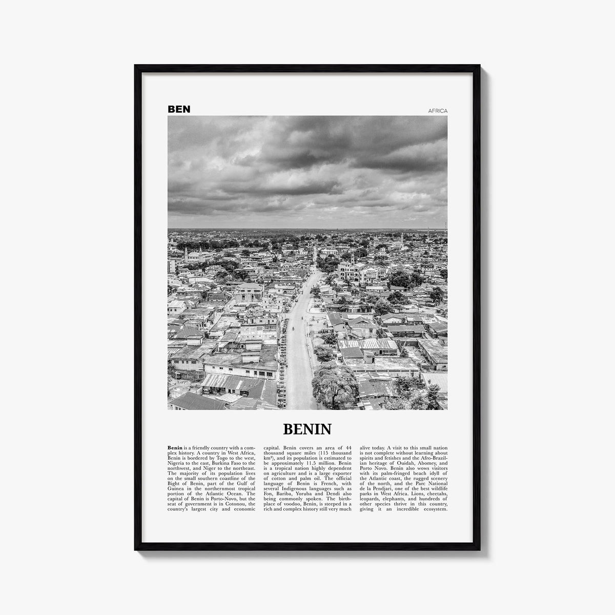 Benin black & white newspaper poster of Africa – vertical wall art, unframed print shown in interior mockup