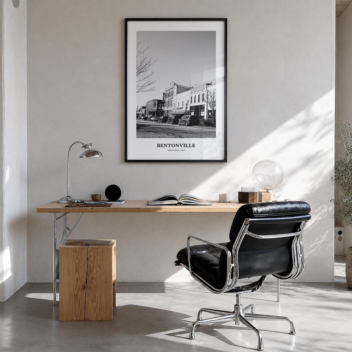 Bentonville black & white classic poster of Arkansas, USA – vertical wall art in black wood frame, hanging on wall