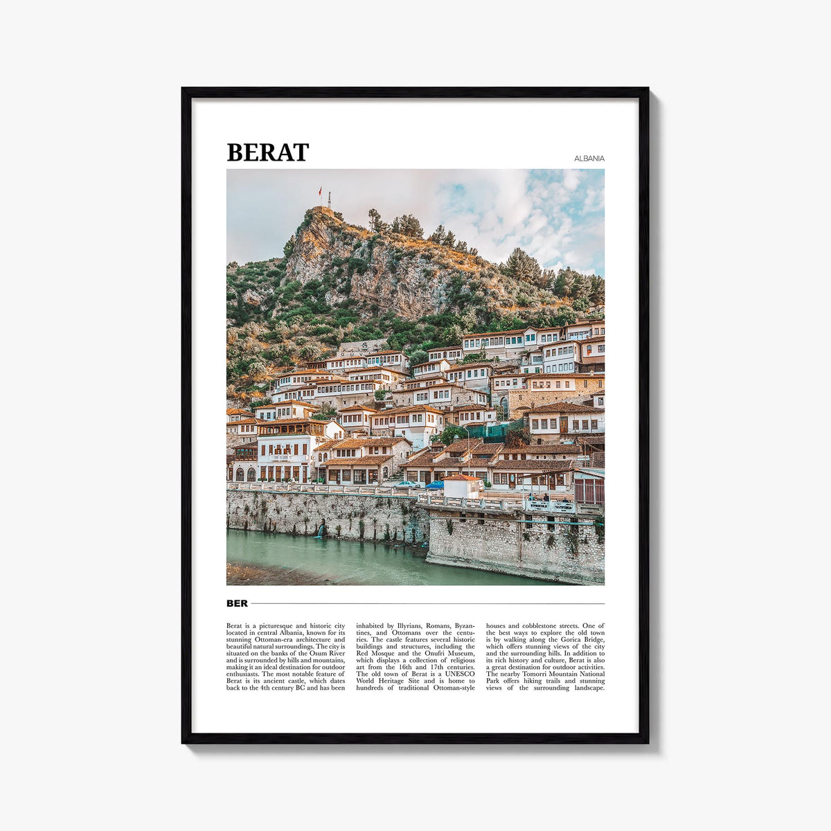 Berat colorful travel poster of Albania – vertical wall art, unframed print shown in interior mockup