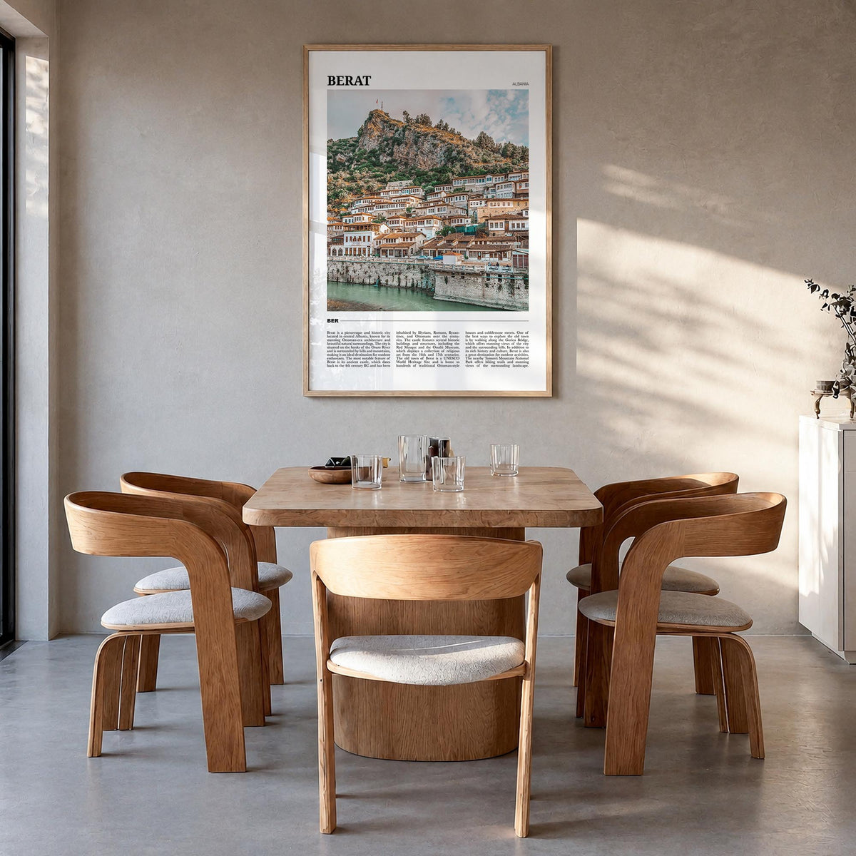 Berat colorful travel poster of Albania – vertical wall art in natural wood frame, hanging on wall