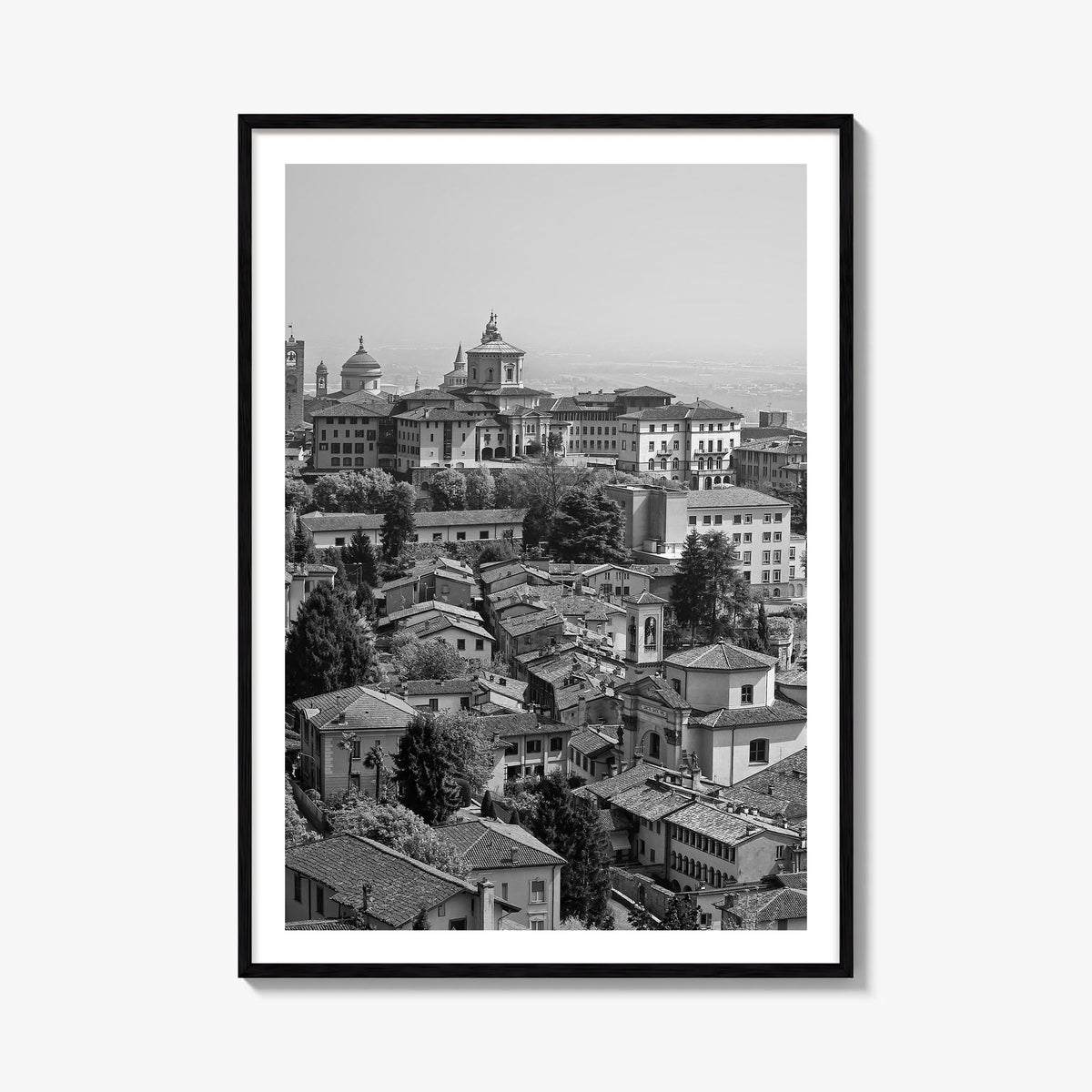 Bergamo black & white photo poster of Italy – vertical wall art, unframed print shown in interior mockup