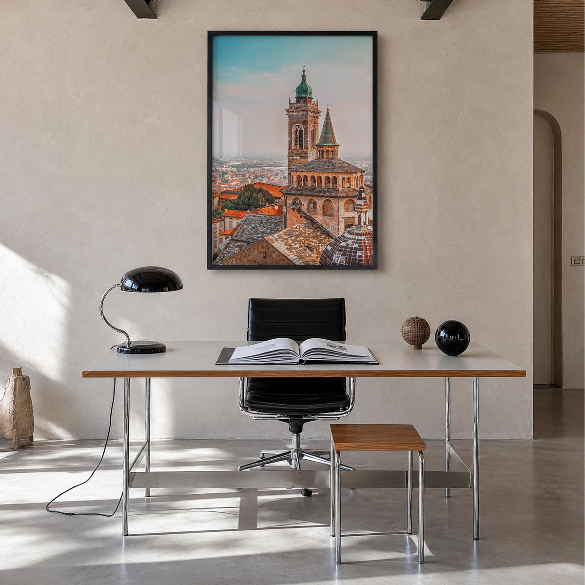 Bergamo colorful photo poster of Italy – vertical wall art in black wood frame, hanging on wall