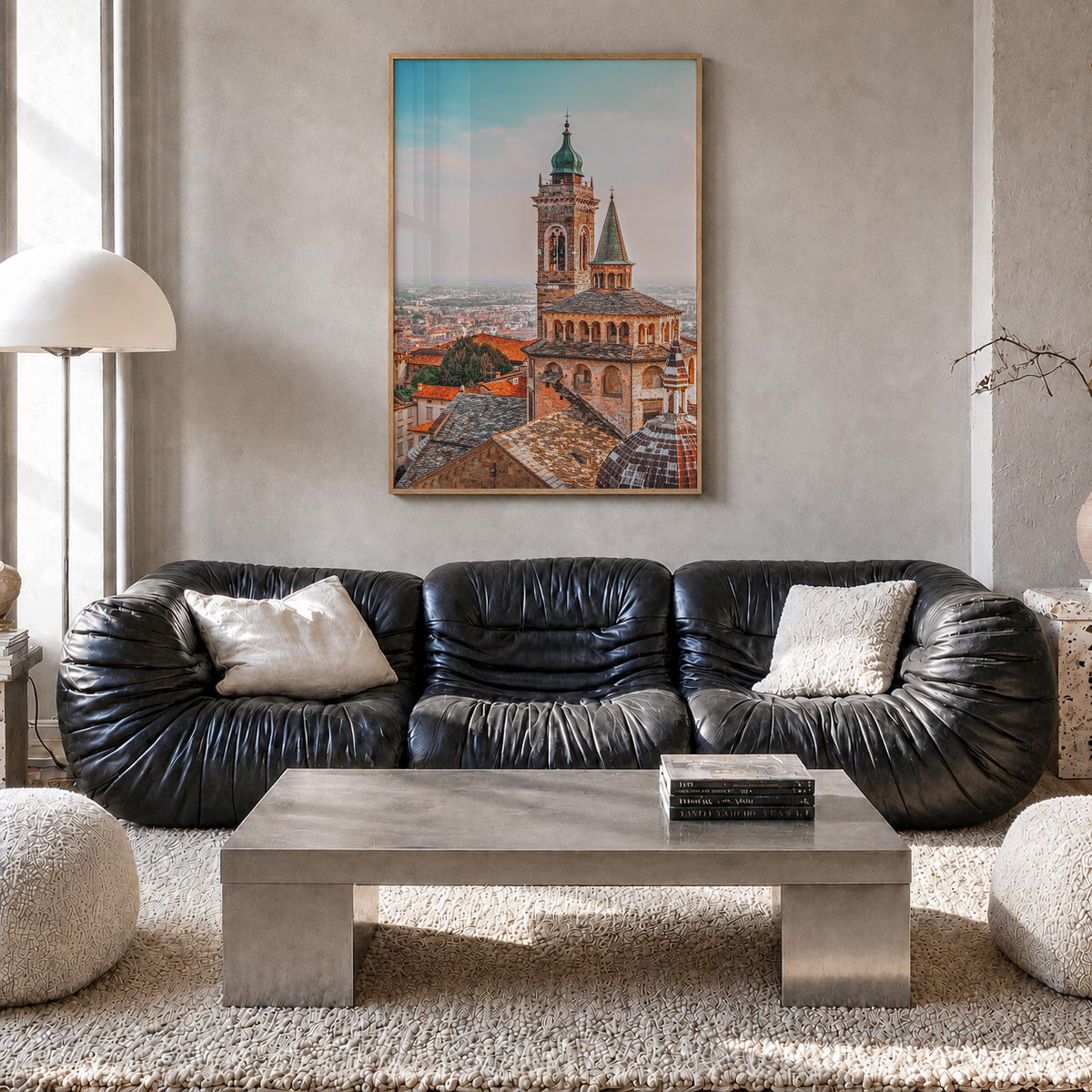 Bergamo colorful photo poster of Italy – vertical wall art in natural wood frame, hanging on wall