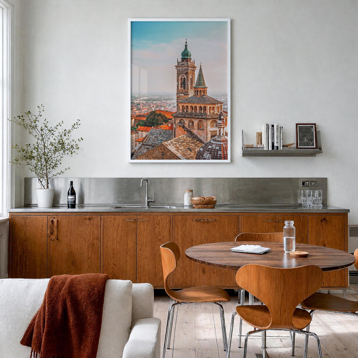 Bergamo colorful photo poster of Italy – vertical wall art in white wood frame, hanging on wall