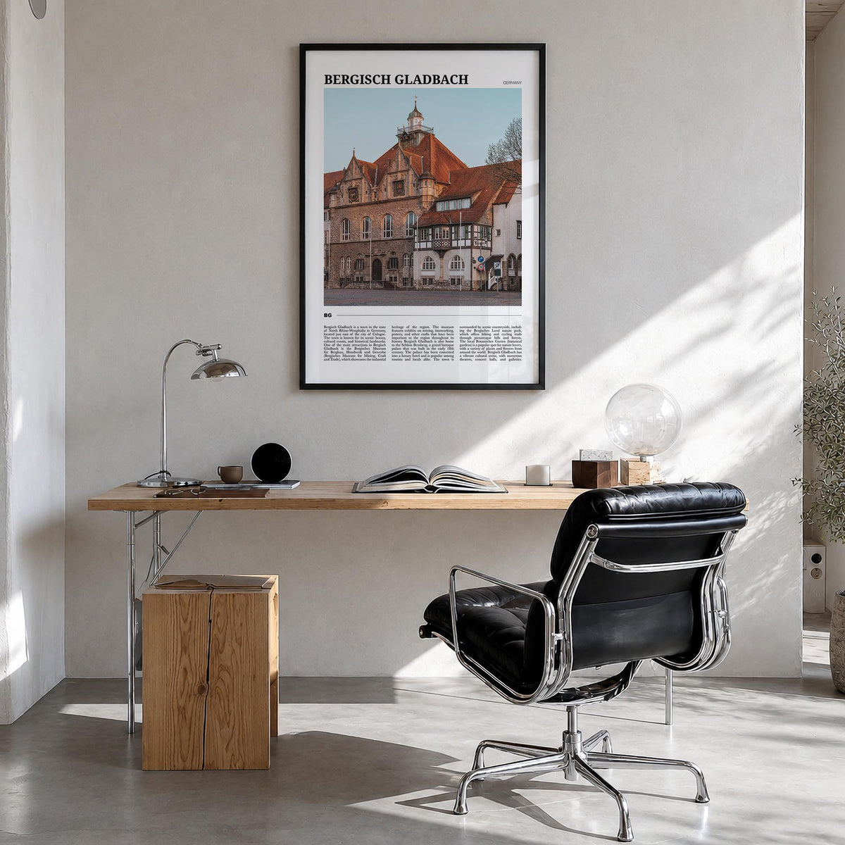 Bergisch Gladbach colorful travel poster of Germany – vertical wall art in black wood frame, hanging on wall