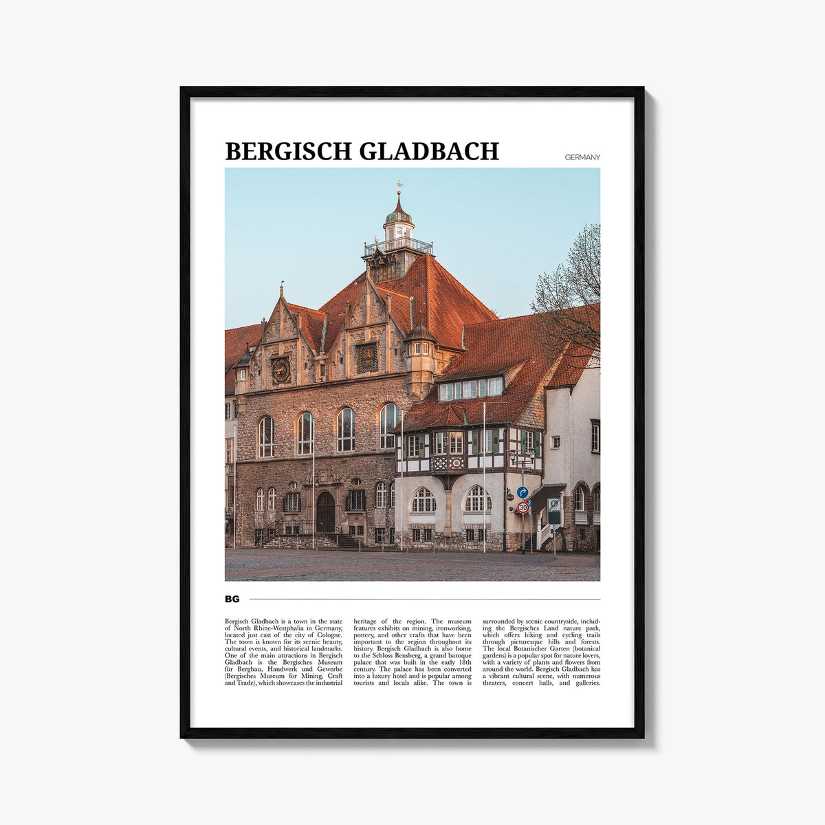 Bergisch Gladbach colorful travel poster of Germany – vertical wall art, unframed print shown in interior mockup