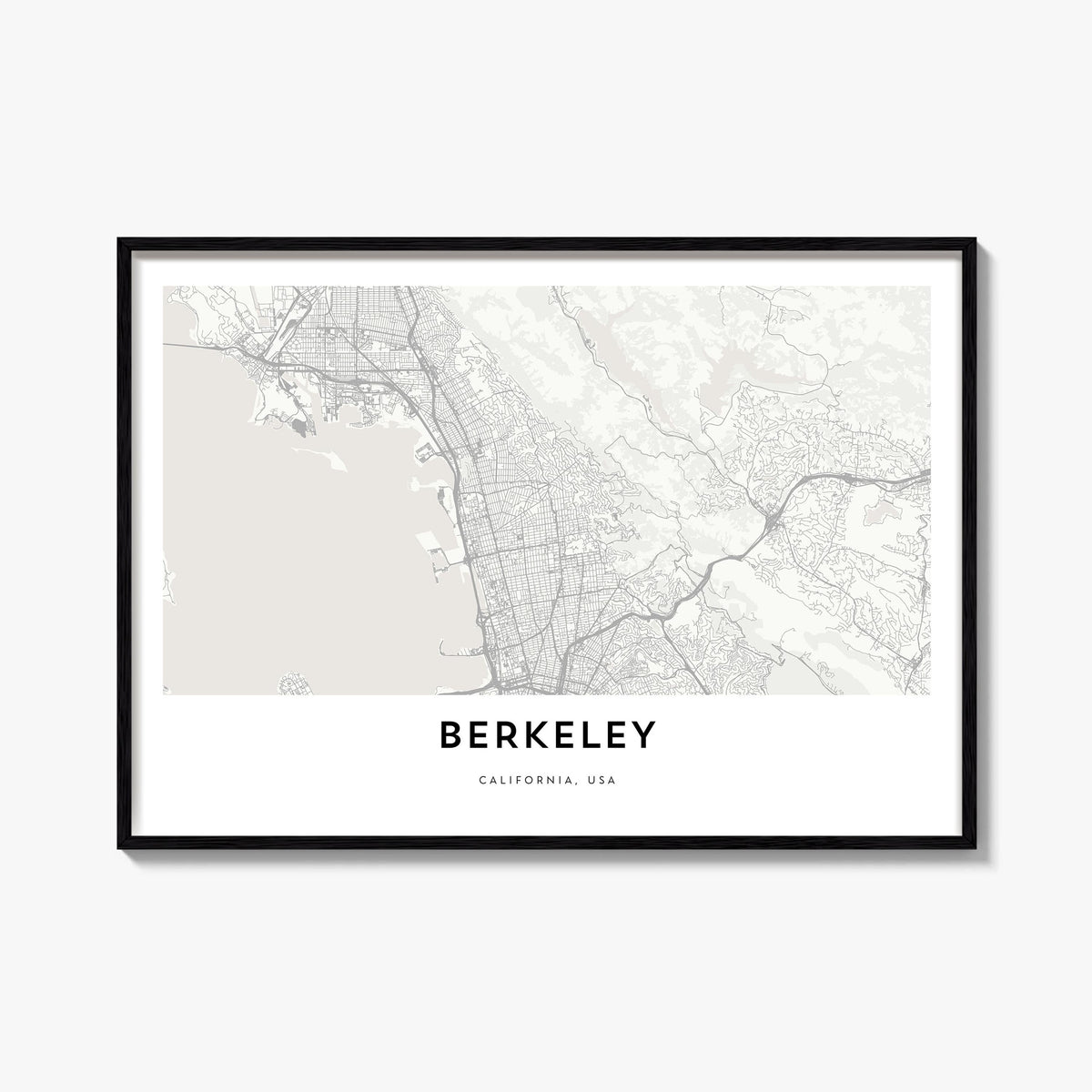 Berkeley black & white map poster of California, USA – horizontal wall art, unframed print shown in interior mockup