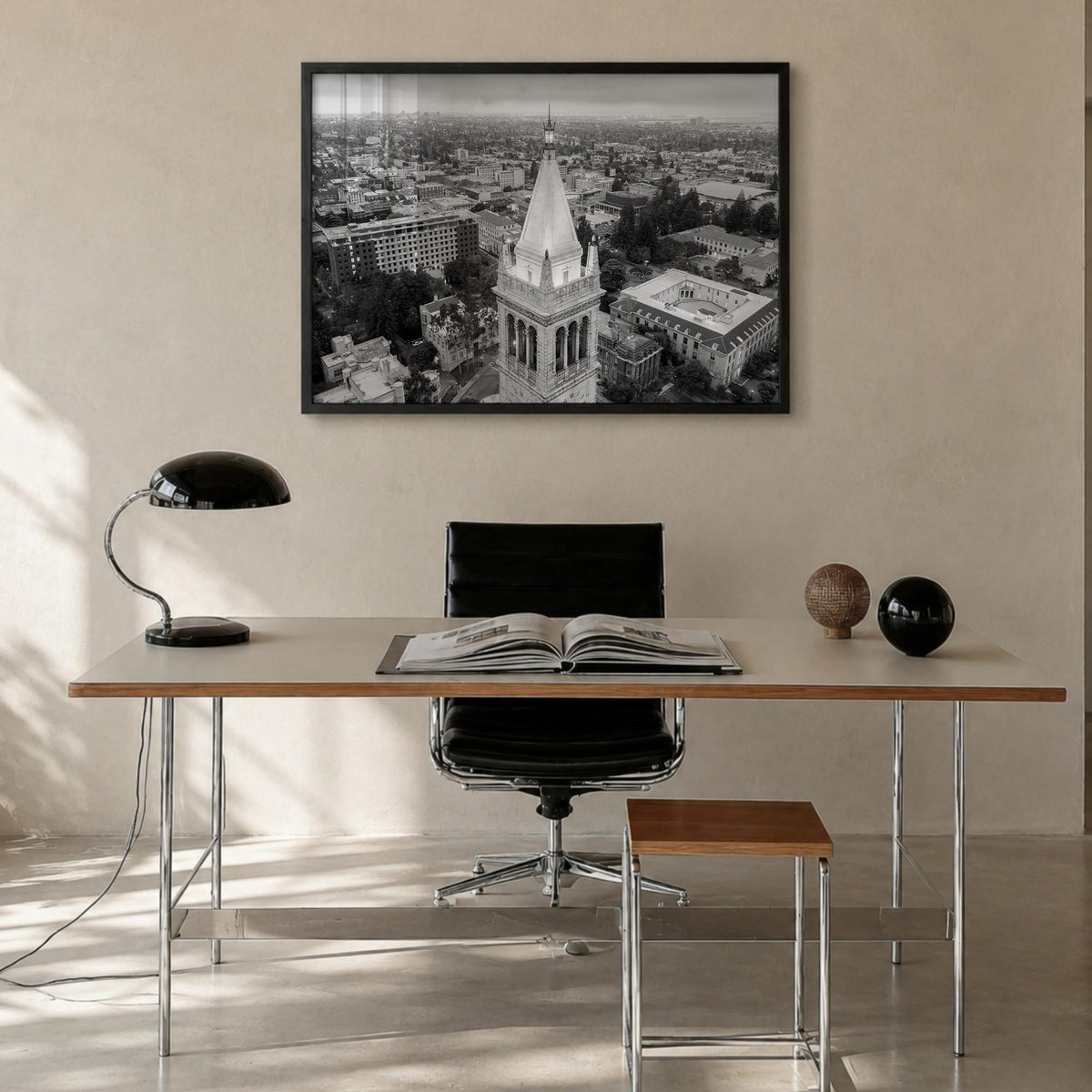 Berkeley black & white photo poster of California, USA – horizontal wall art in black wood frame, hanging on wall