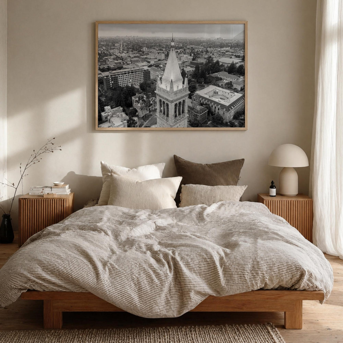 Berkeley black & white photo poster of California, USA – horizontal wall art in natural wood frame, hanging on wall