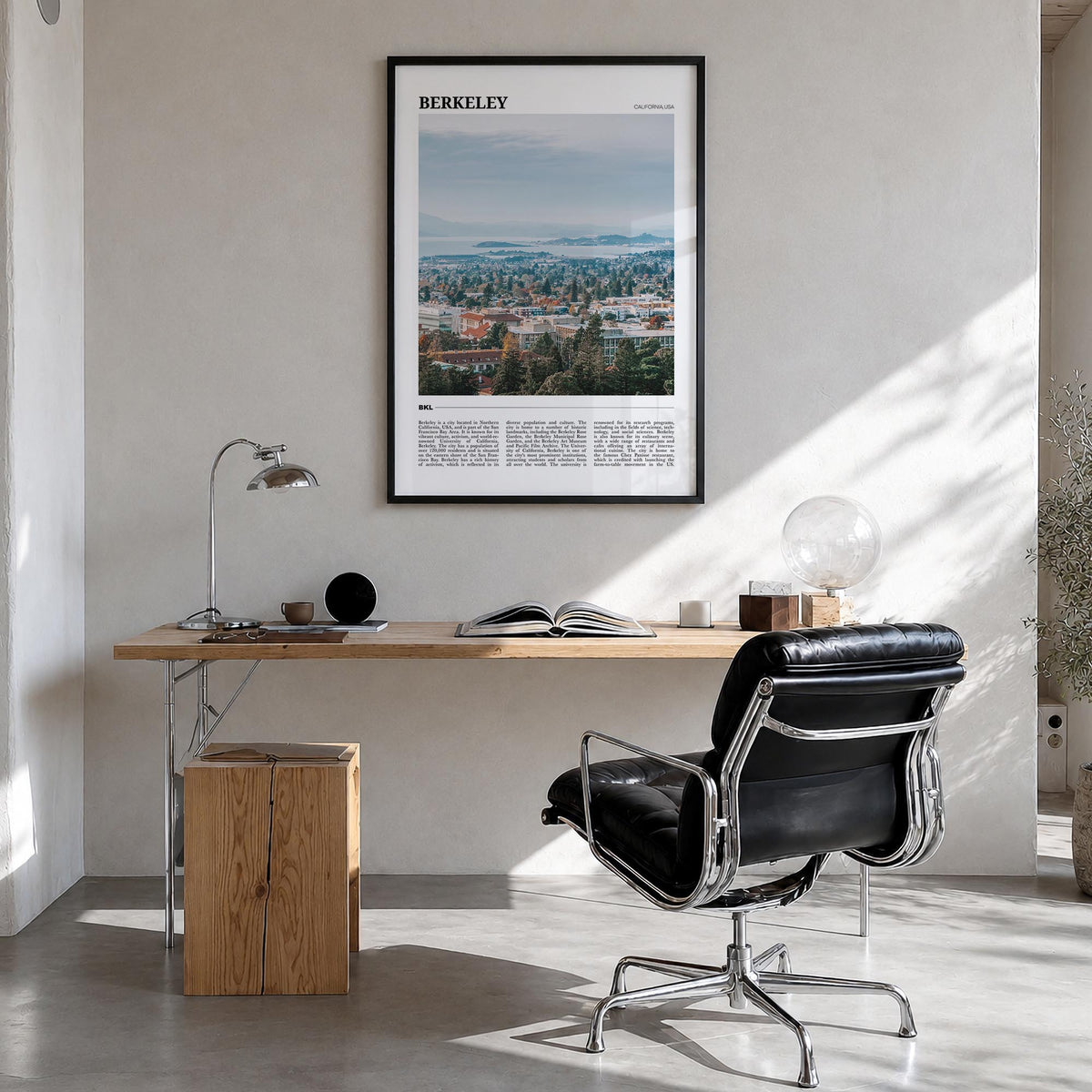 Berkeley colorful travel poster of California, USA – vertical wall art in black wood frame, hanging on wall