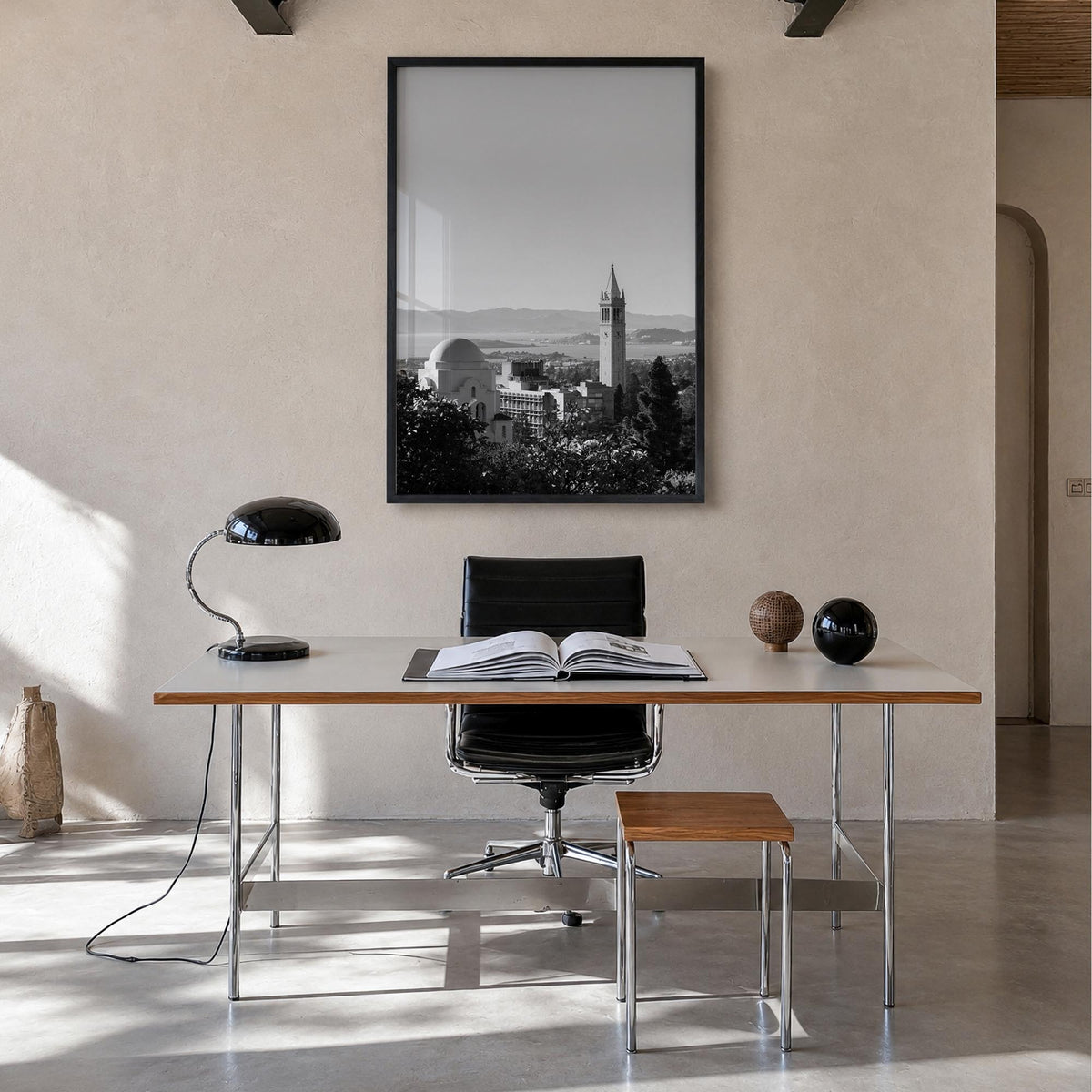 Berkeley no. 1 black & white photo poster of California, USA – vertical wall art in black wood frame, hanging on wall