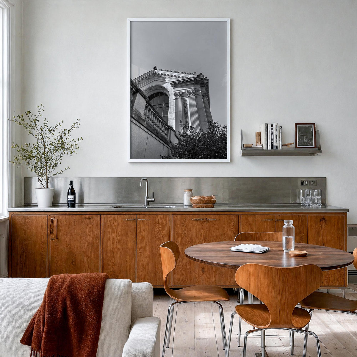 Berkeley no. 2 black & white photo poster of California, USA – vertical wall art in white wood frame, hanging on wall