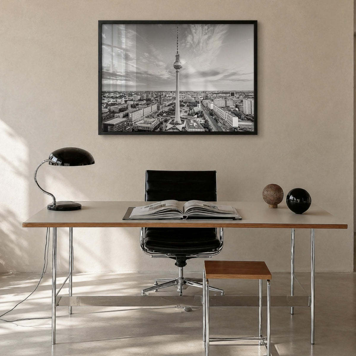 Berlin black & white photo poster of Germany – horizontal wall art in black wood frame, hanging on wall