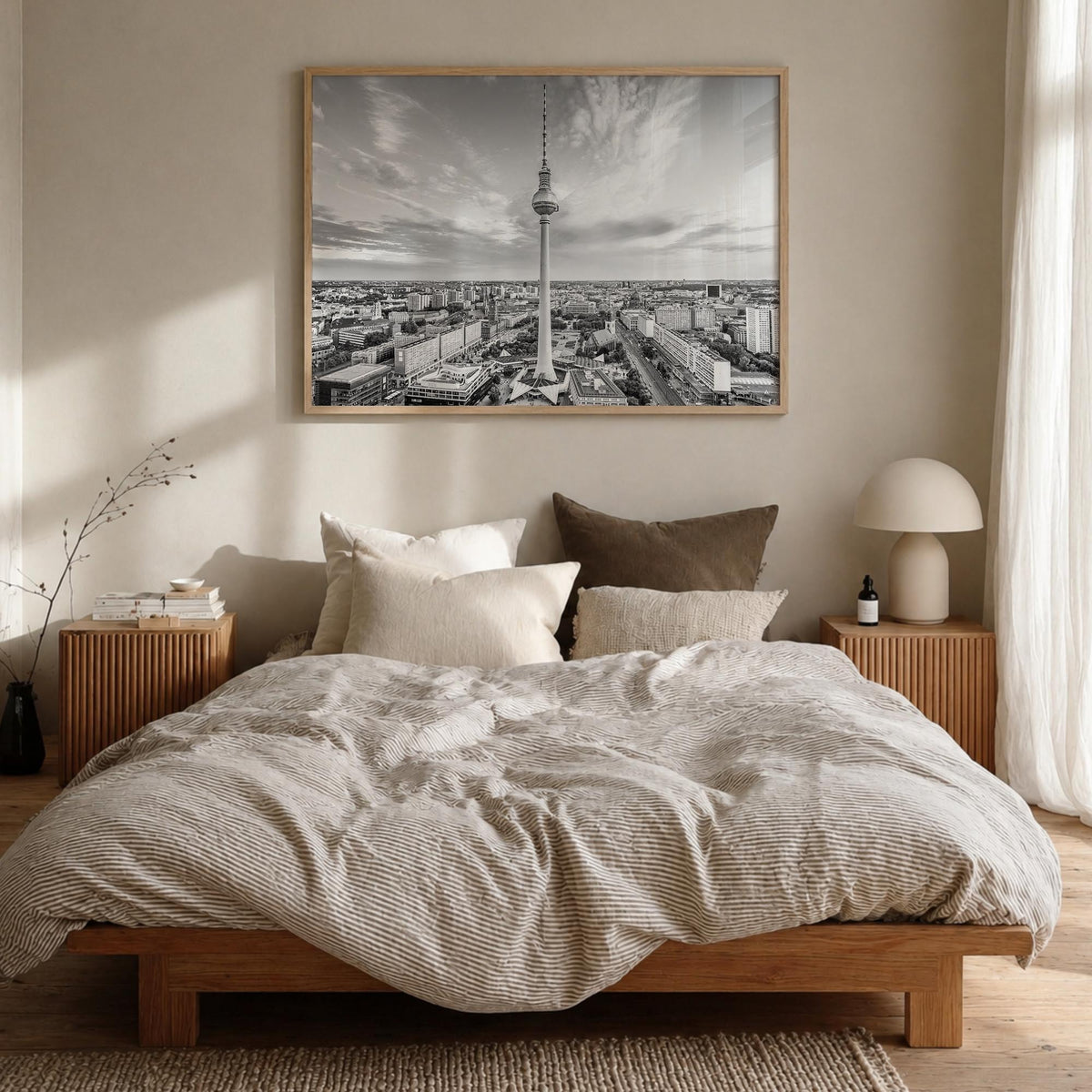 Berlin black & white photo poster of Germany – horizontal wall art in natural wood frame, hanging on wall
