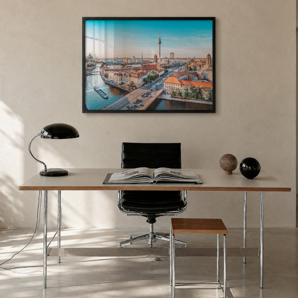 Berlin colorful photo poster of Germany – horizontal wall art in black wood frame, hanging on wall