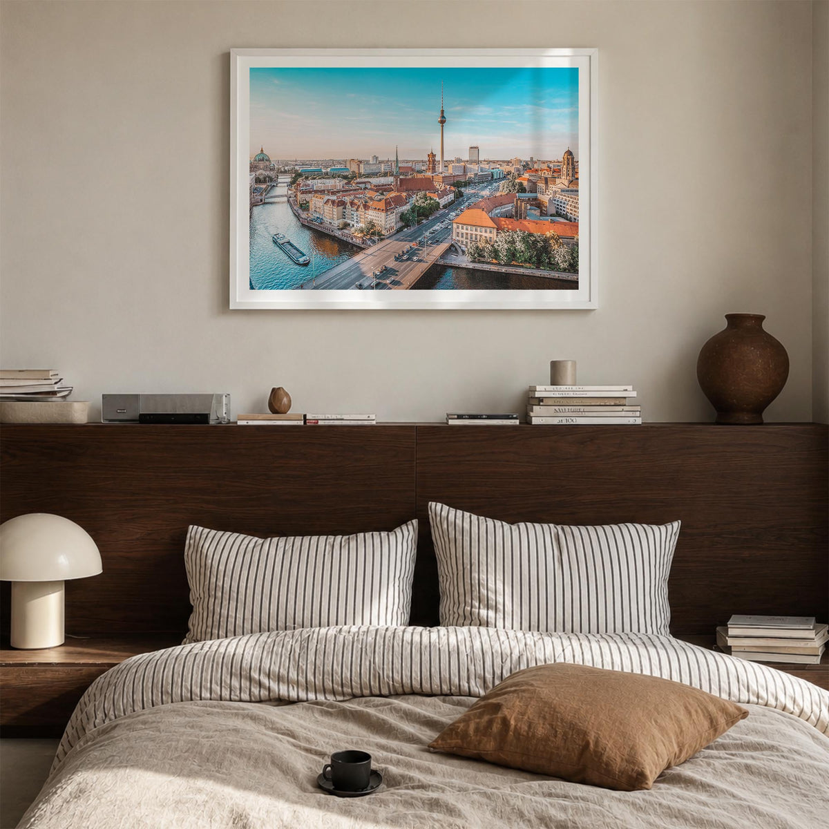 Berlin colorful photo poster of Germany – horizontal wall art in white wood frame with white border, hanging on wall