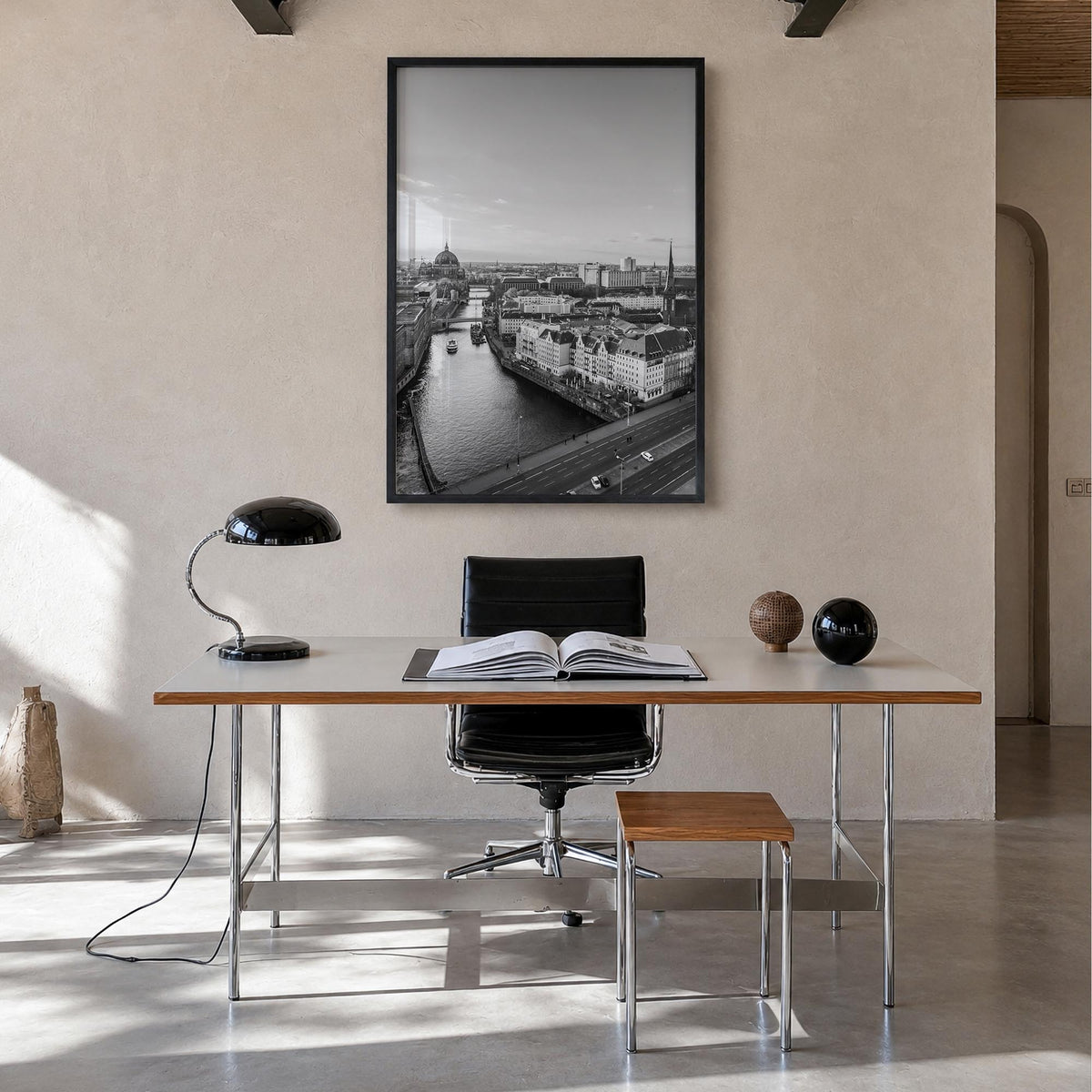 Berlin no. 1 black & white photo poster of Germany – vertical wall art in black wood frame, hanging on wall