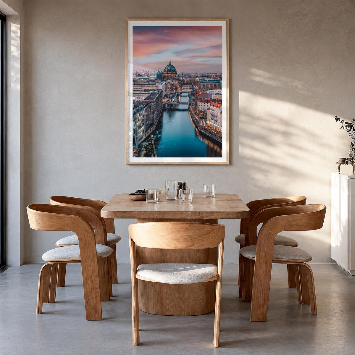 Berlin no. 1 colorful photo poster of Germany – vertical wall art in natural wood frame with white border, hanging on wall