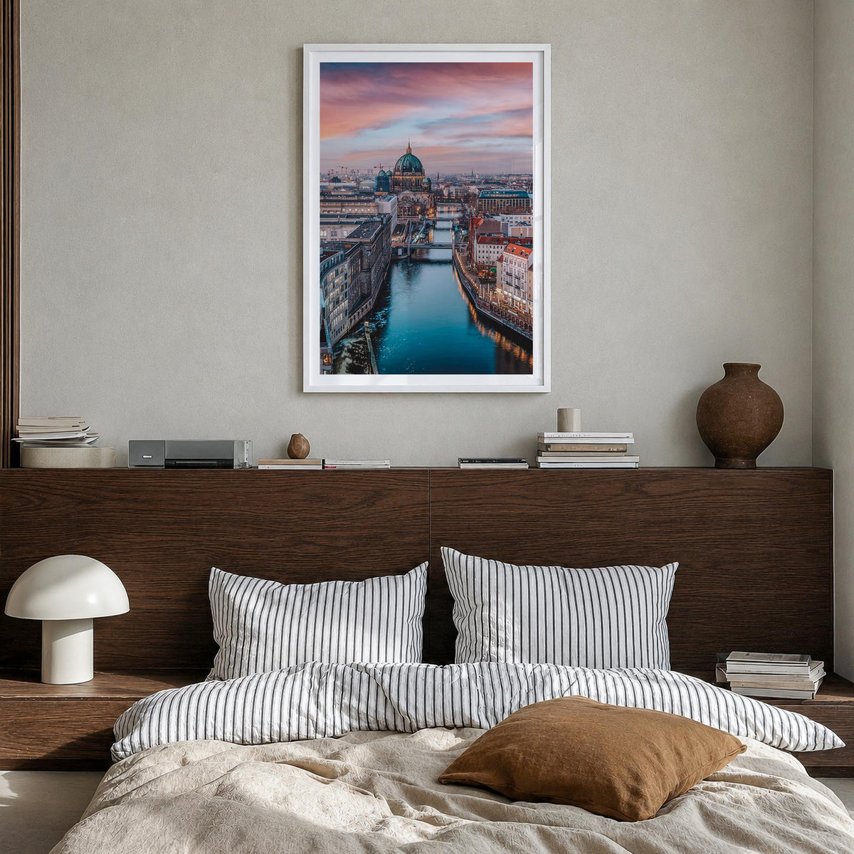 Berlin no. 1 colorful photo poster of Germany – vertical wall art in white wood frame with white border, hanging on wall