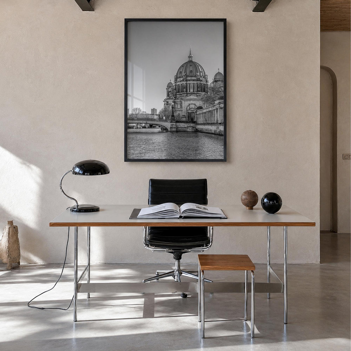 Berlin no. 2 black & white photo poster of Germany – vertical wall art in black wood frame, hanging on wall