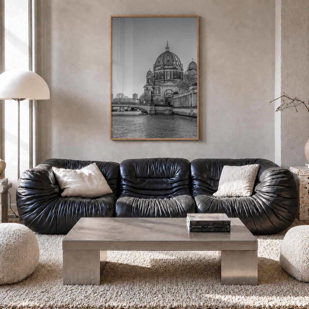 Berlin no. 2 black & white photo poster of Germany – vertical wall art in natural wood frame, hanging on wall
