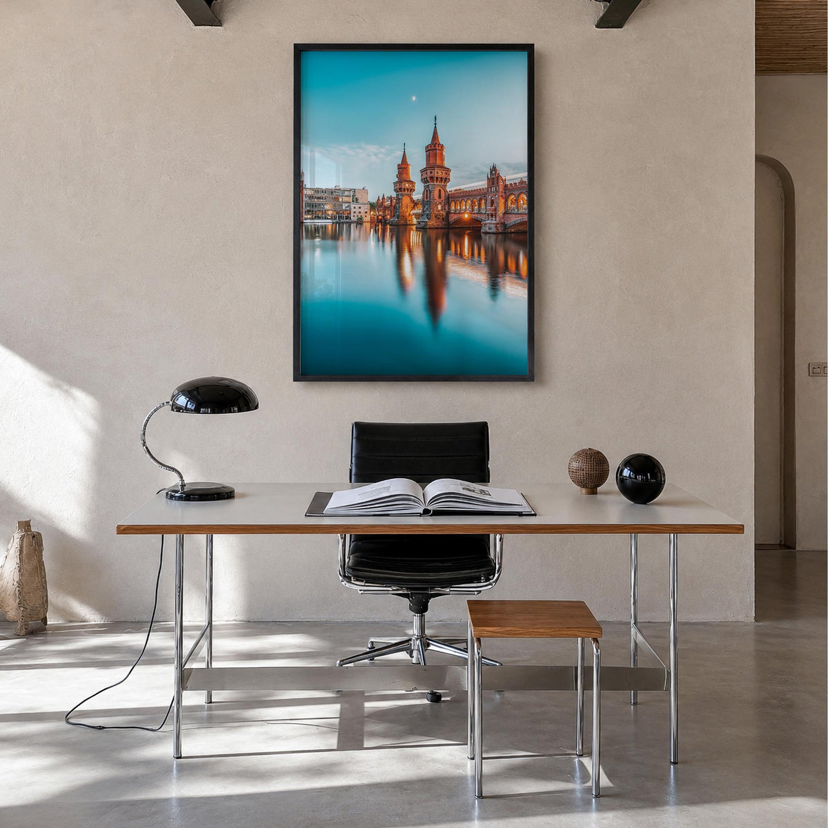 Berlin no. 2 colorful photo poster of Germany – vertical wall art in black wood frame, hanging on wall