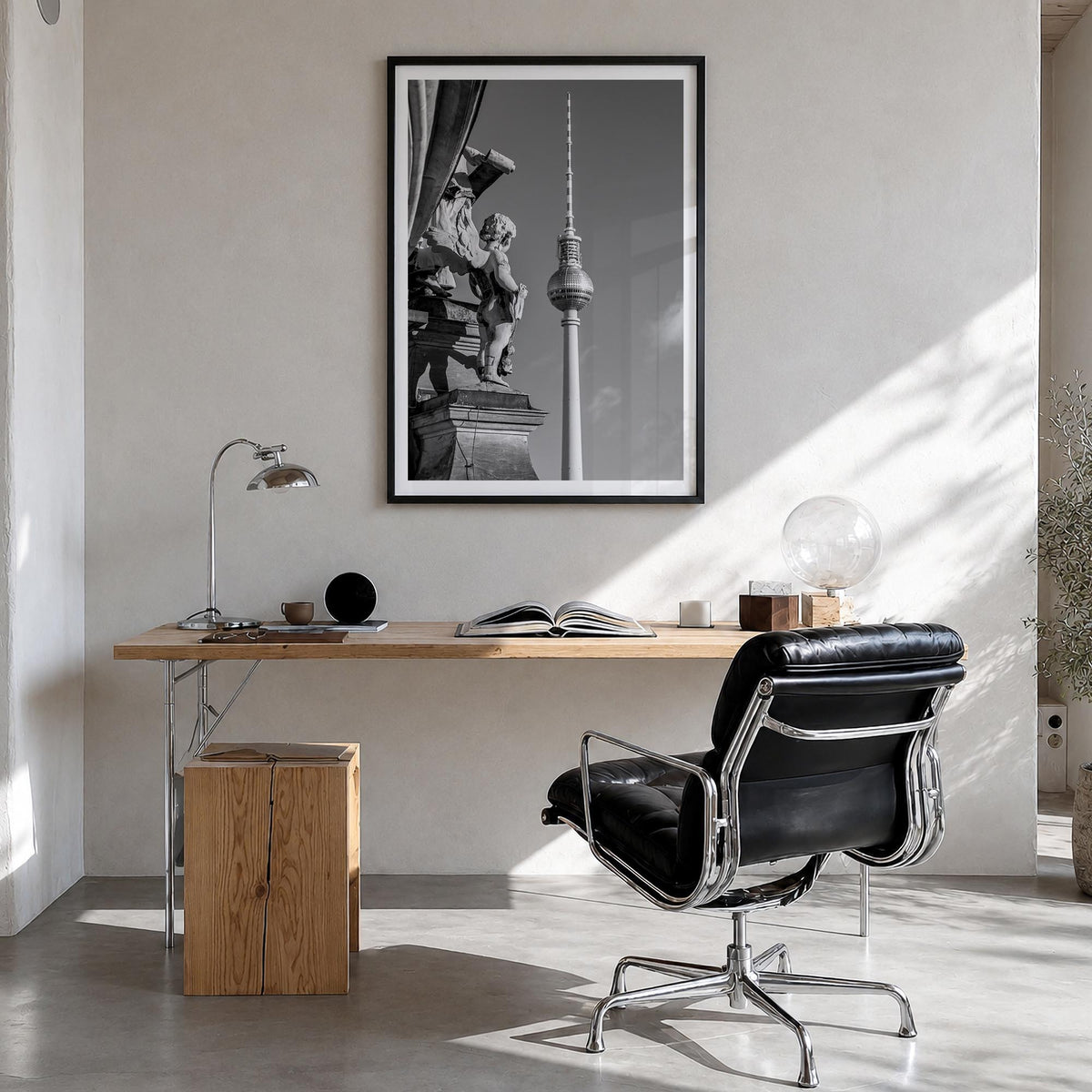 Berlin no. 3 black & white photo poster of Germany – vertical wall art in black wood frame with white border, hanging on wall