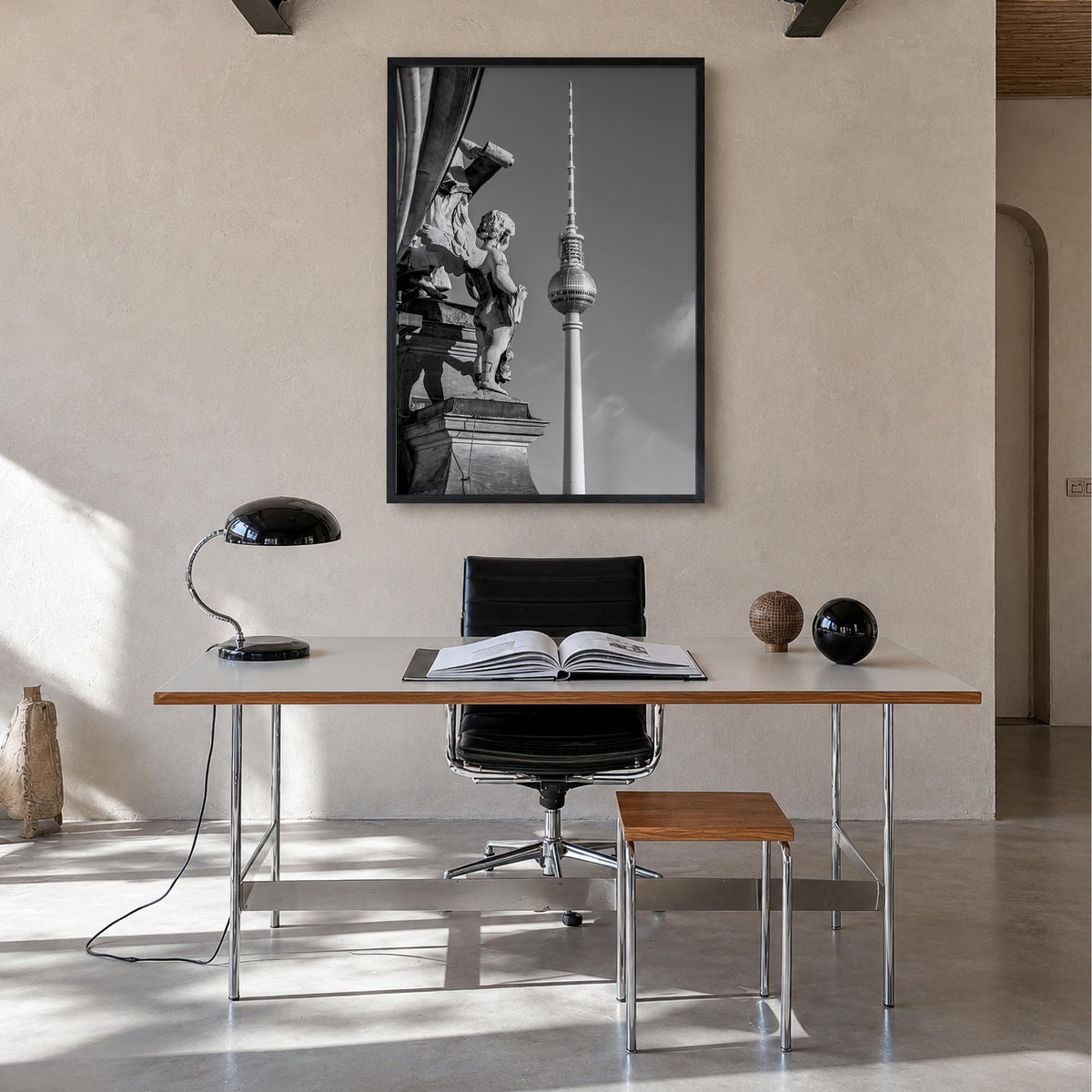 Berlin no. 3 black & white photo poster of Germany – vertical wall art in black wood frame, hanging on wall