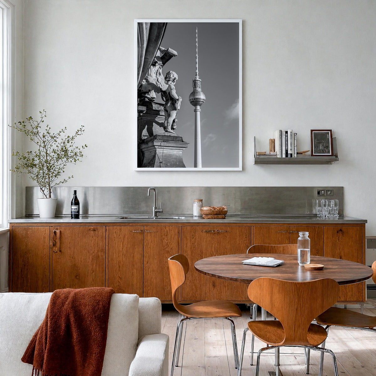 Berlin no. 3 black & white photo poster of Germany – vertical wall art in white wood frame, hanging on wall