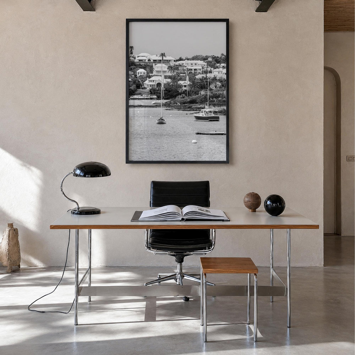 Bermuda black & white photo poster of North America – vertical wall art in black wood frame, hanging on wall