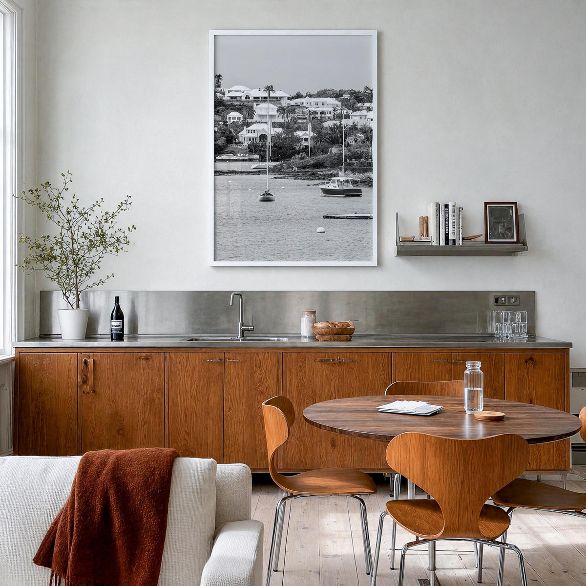 Bermuda black & white photo poster of North America – vertical wall art in white wood frame, hanging on wall
