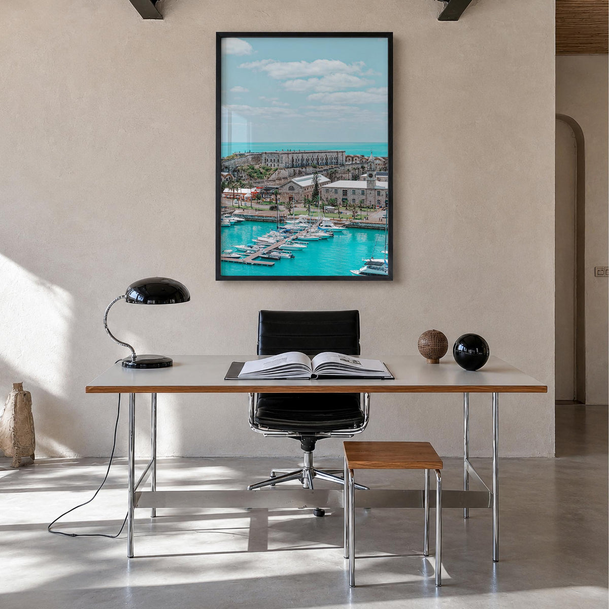 Bermuda colorful photo poster of North America – vertical wall art in black wood frame, hanging on wall