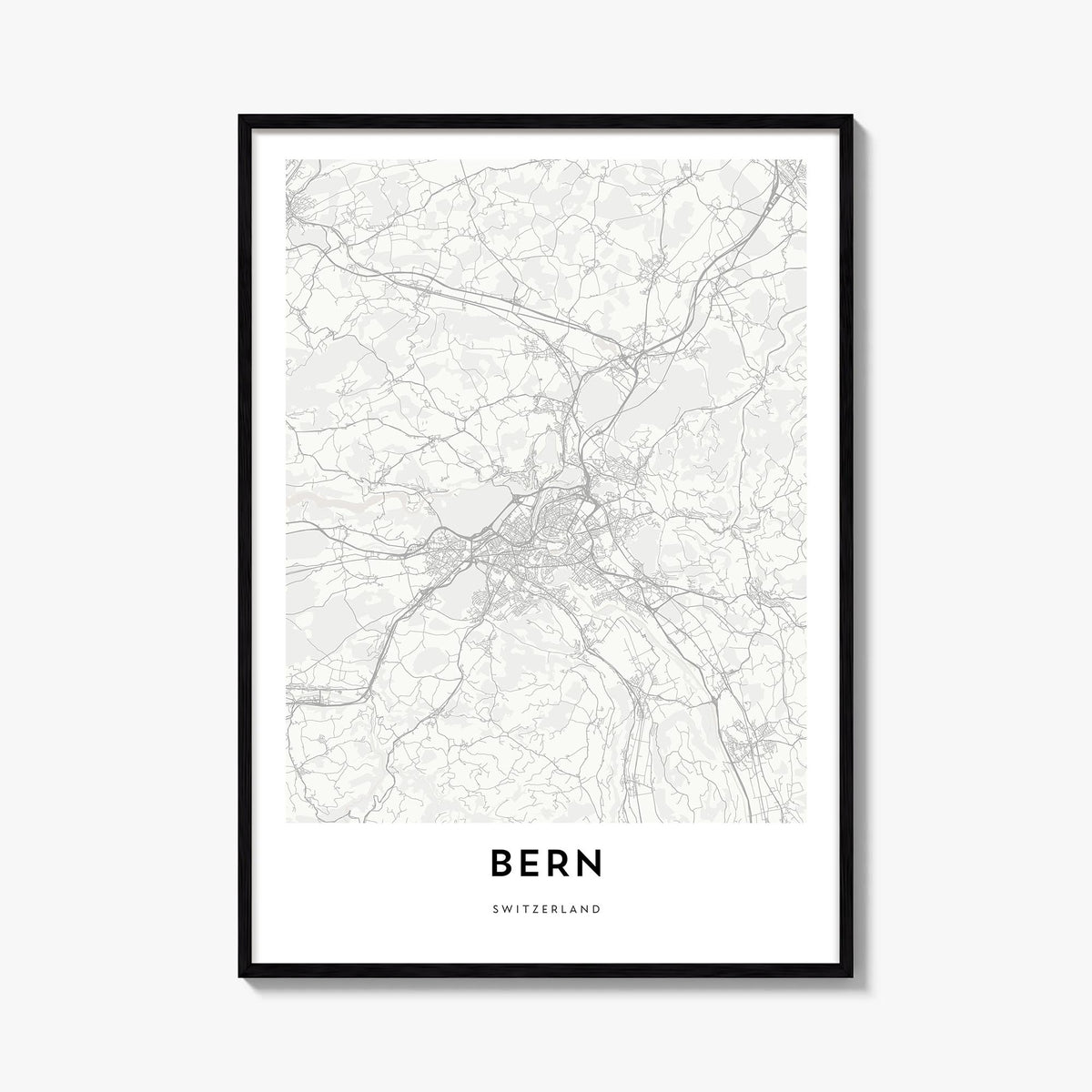Bern black & white map poster of Switzerland – vertical wall art, unframed print shown in interior mockup