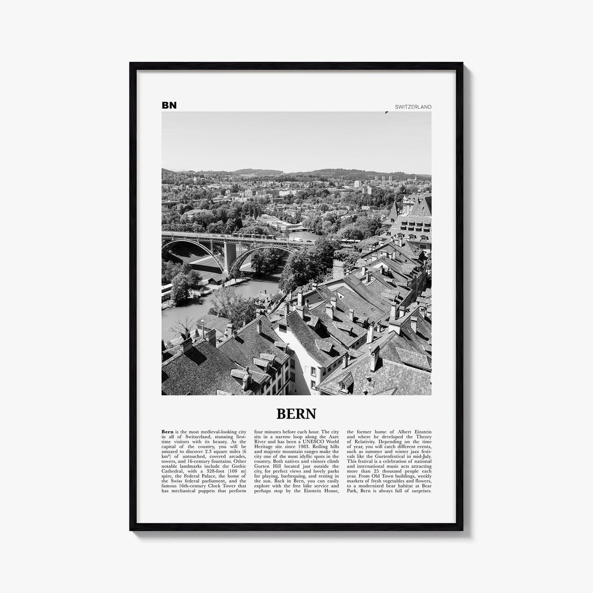 Bern black & white newspaper poster of Switzerland – vertical wall art, unframed print shown in interior mockup