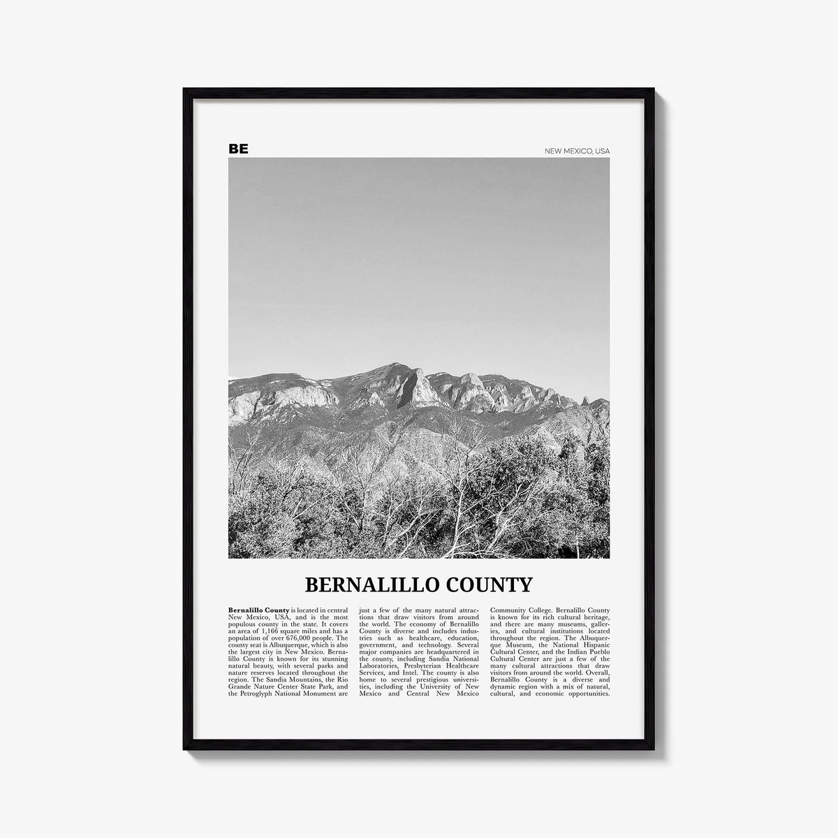 Bernalillo County black & white newspaper poster of New Mexico, USA – vertical wall art, unframed print shown in interior moc