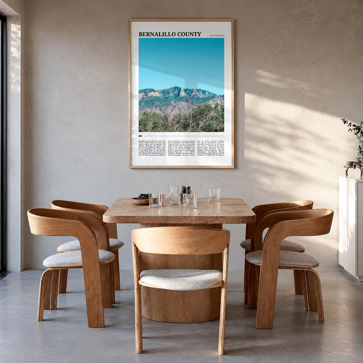 Bernalillo County colorful travel poster of New Mexico, USA – vertical wall art in natural wood frame, hanging on wall