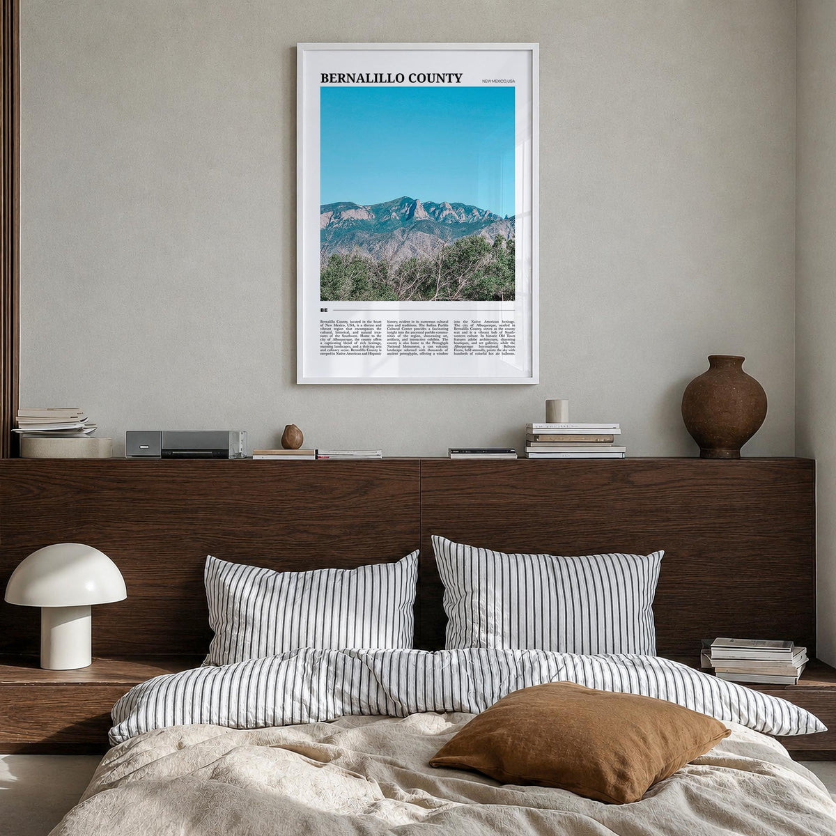 Bernalillo County colorful travel poster of New Mexico, USA – vertical wall art in white wood frame, hanging on wall