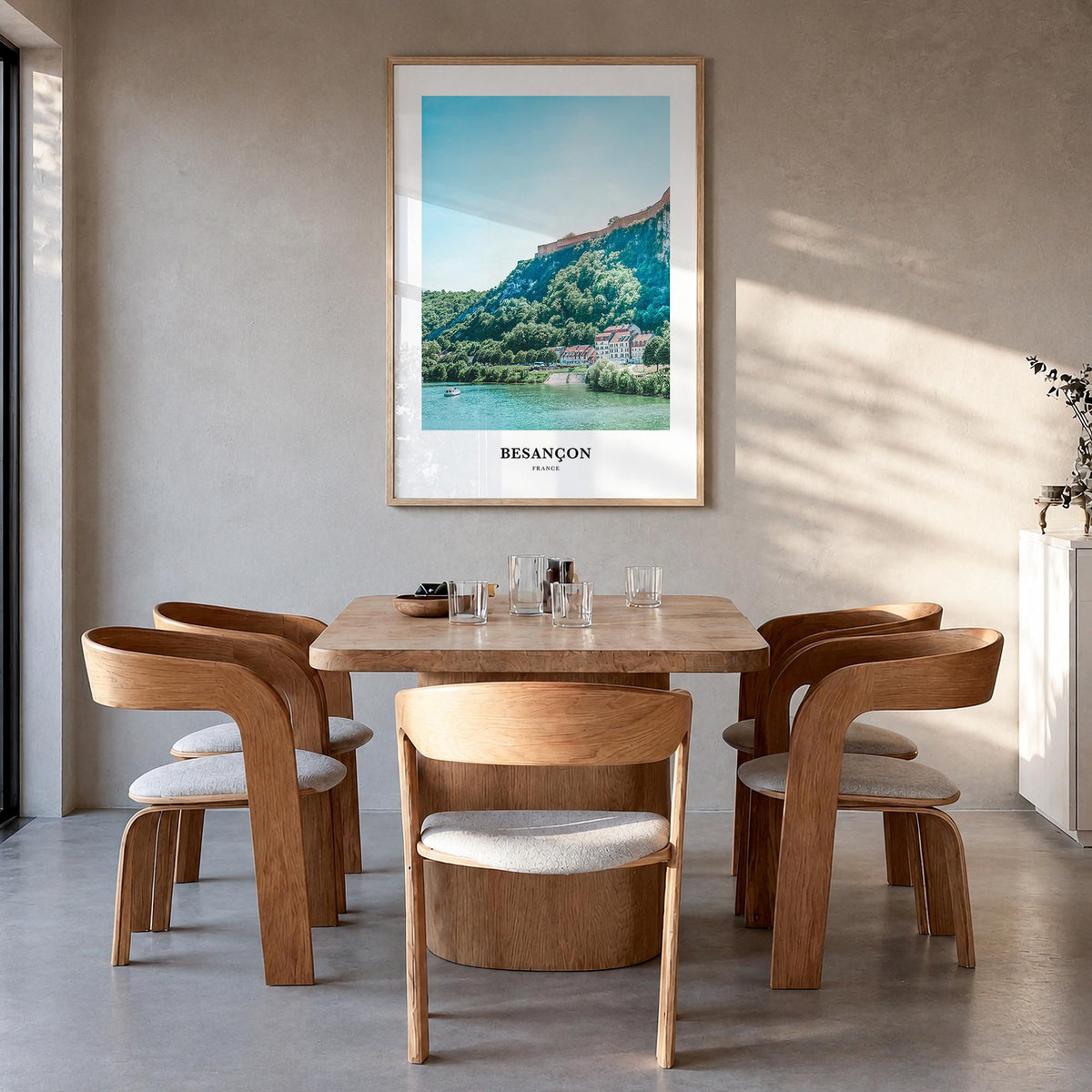 Besançon colorful classic poster of France – vertical wall art in natural wood frame, hanging on wall