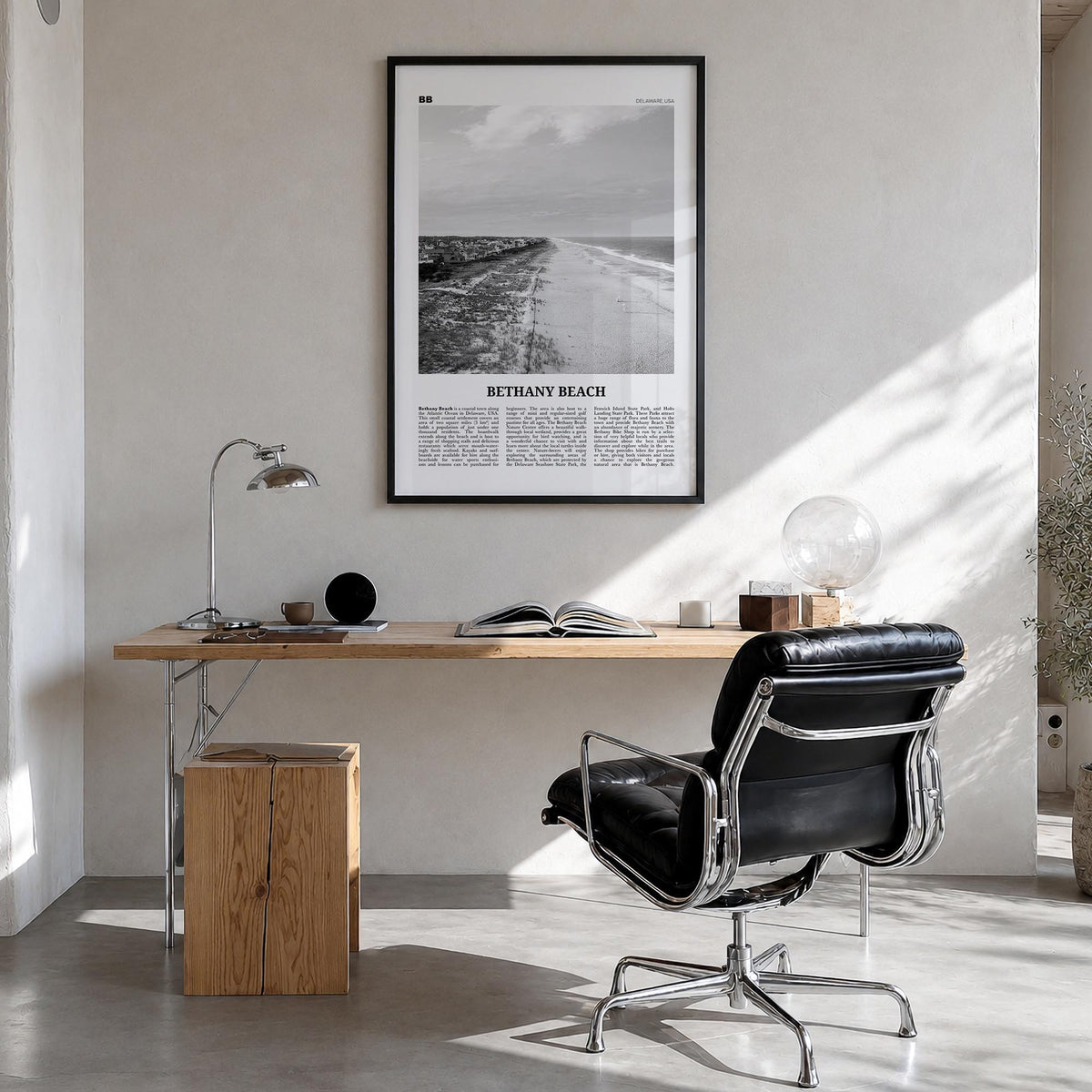 Bethany Beach black & white newspaper poster of Delaware, USA – vertical wall art in black wood frame, hanging on wall