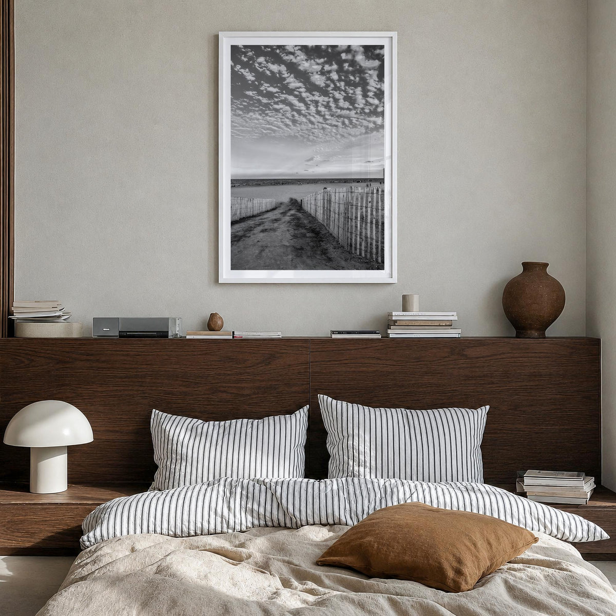 Bethany Beach black & white photo poster of Delaware, USA – vertical wall art in white wood frame with white border, hanging