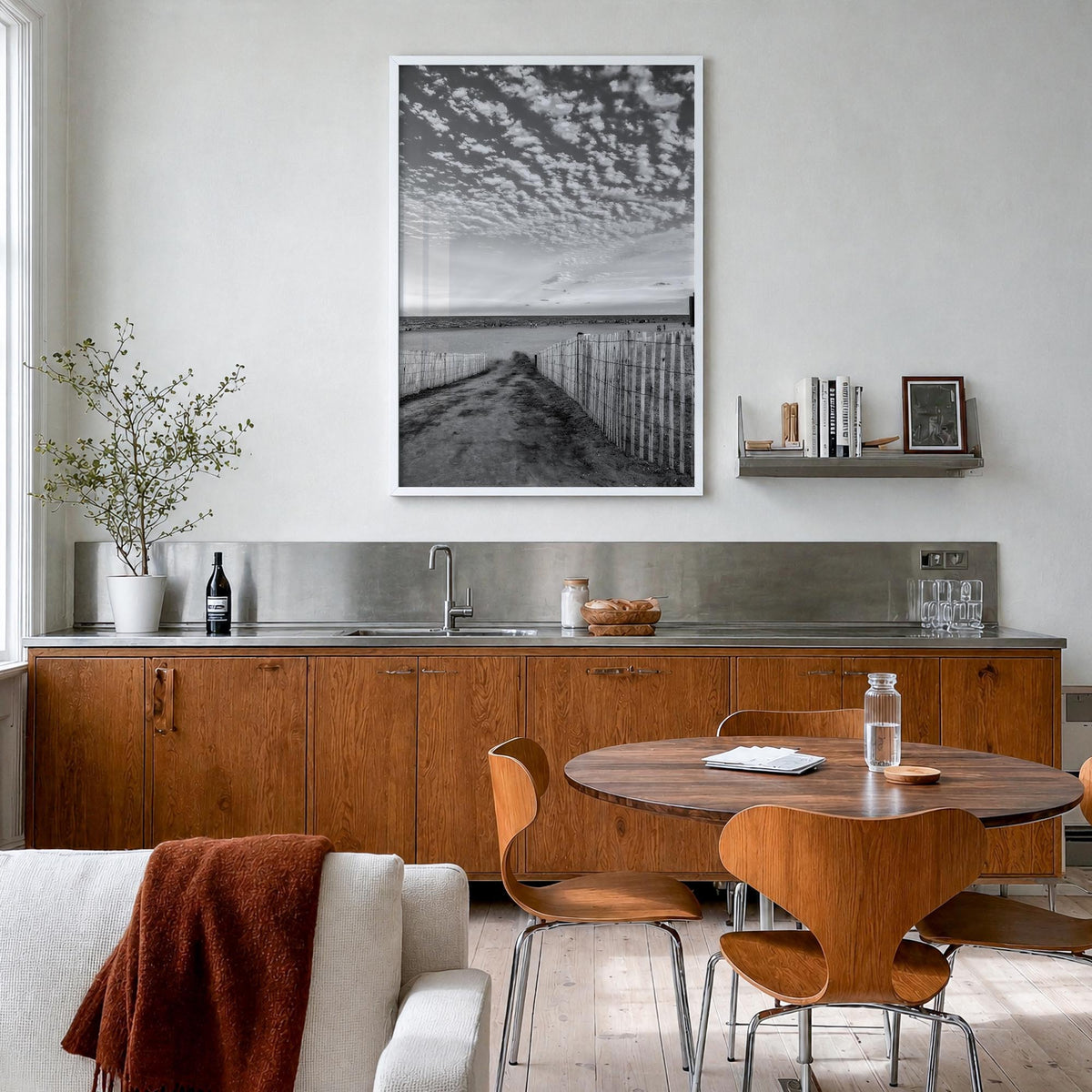 Bethany Beach black & white photo poster of Delaware, USA – vertical wall art in white wood frame, hanging on wall