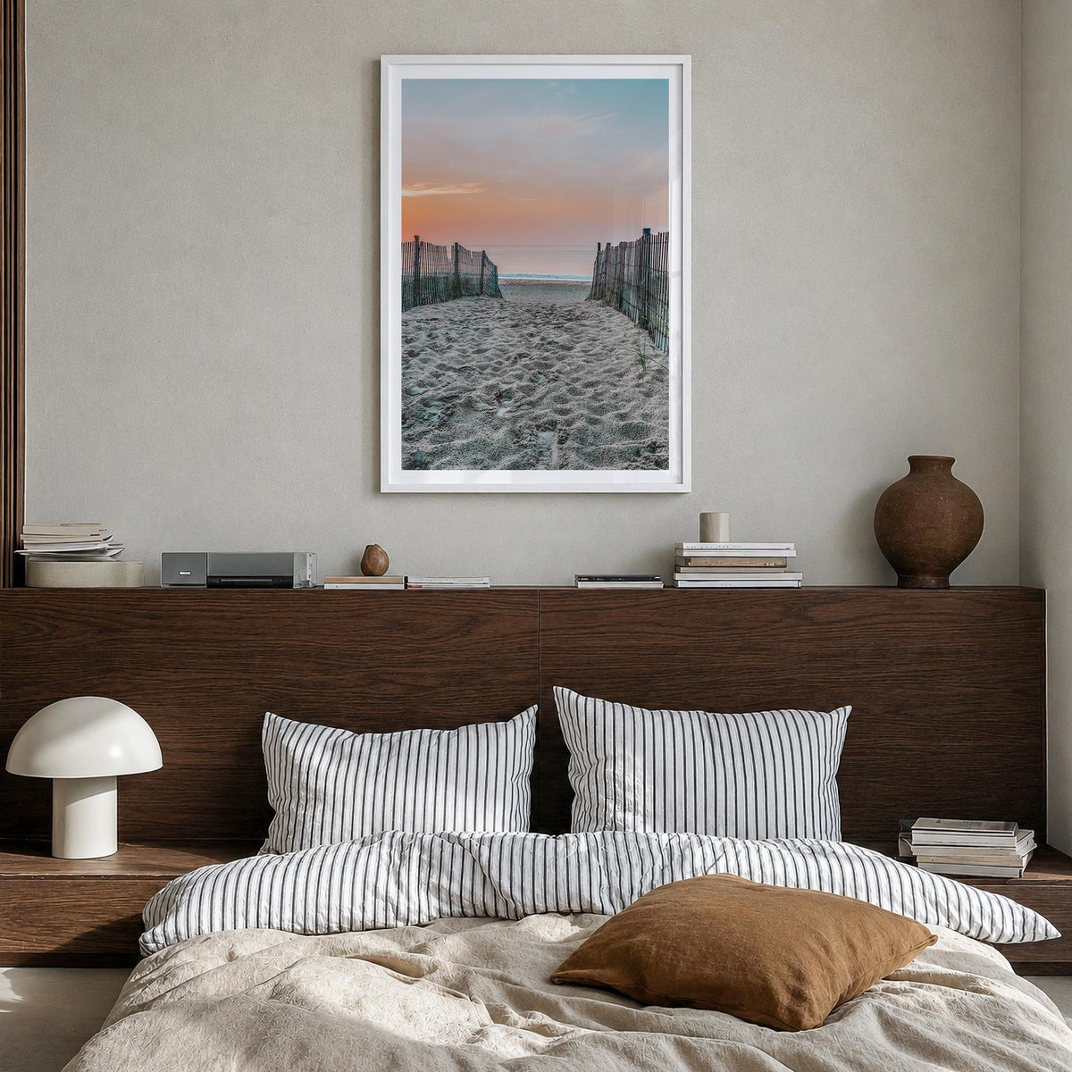 Bethany Beach colorful photo poster of Delaware, USA – vertical wall art in white wood frame with white border, hanging on wa