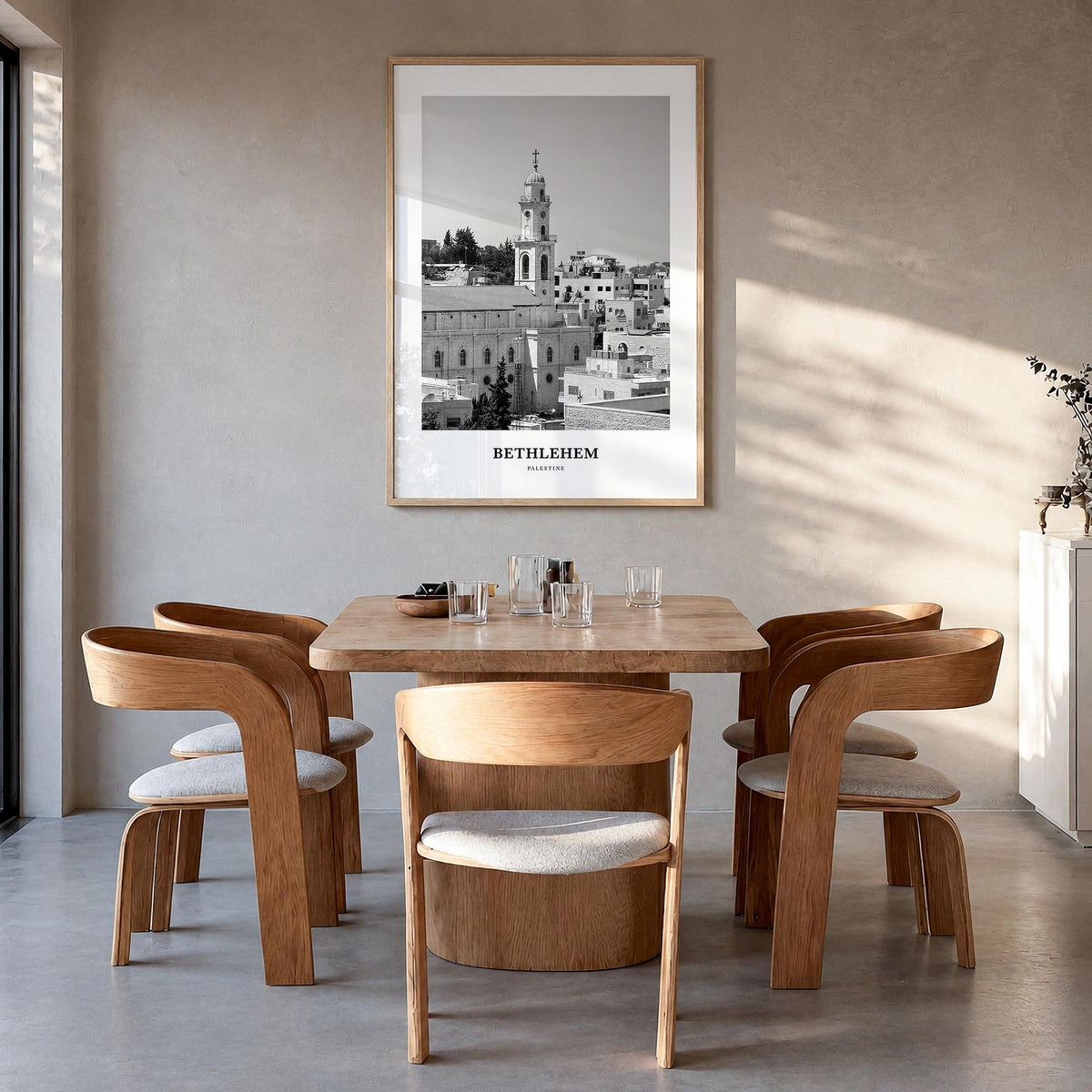 Bethlehem, Palestine black & white classic poster of Palestine – vertical wall art in natural wood frame, hanging on wall