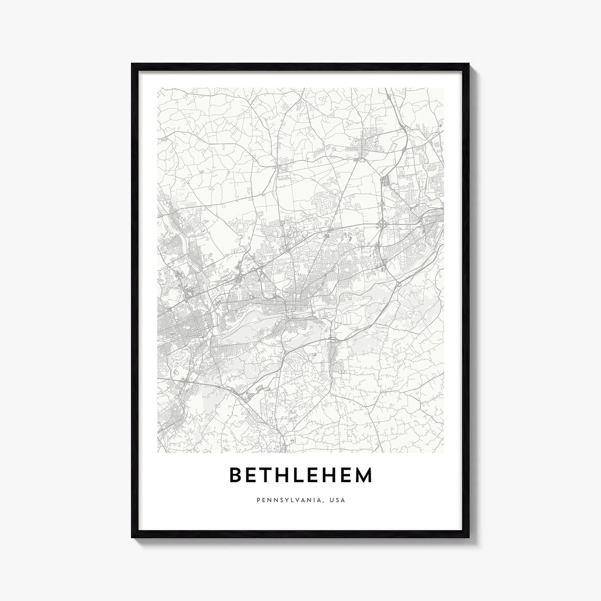 Bethlehem, Pennsylvania black & white map poster of Pennsylvania, USA – vertical wall art, unframed print shown in interior m
