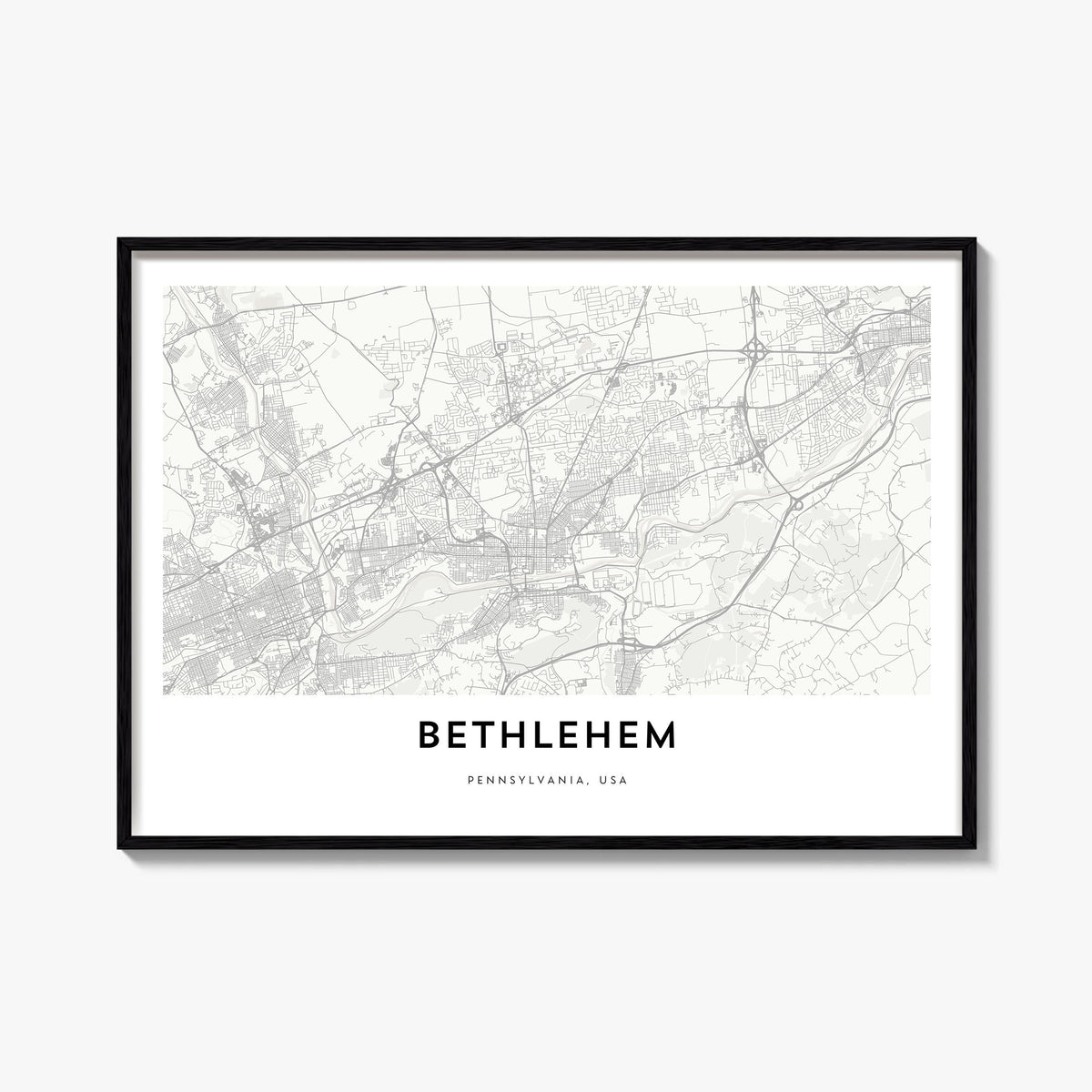 Bethlehem, Pennsylvania black & white map poster of Pennsylvania, USA – horizontal wall art, unframed print shown in interior