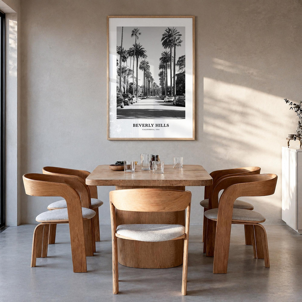 Beverly Hills black & white classic poster of California, USA – vertical wall art in natural wood frame, hanging on wall