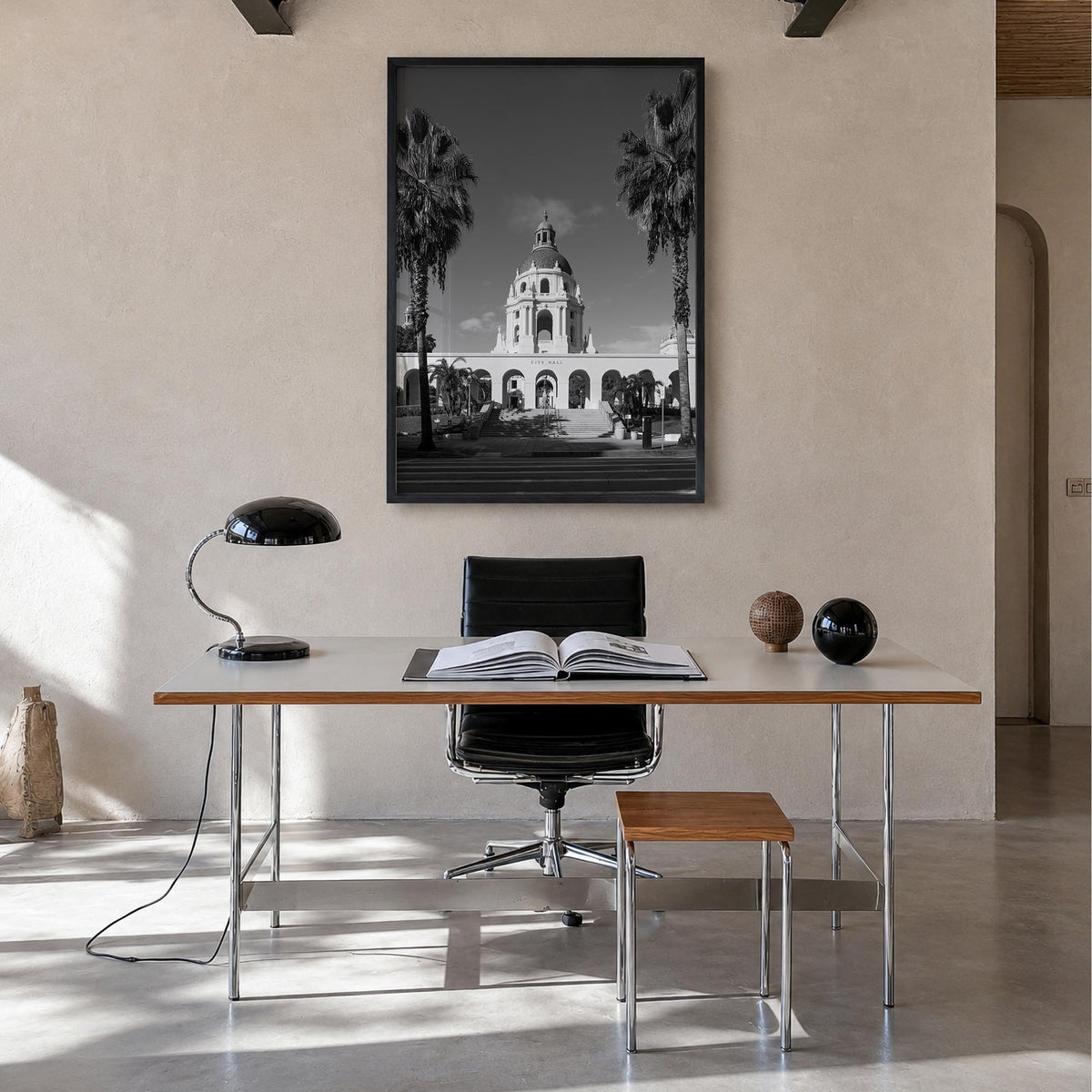 Beverly Hills black & white photo poster of California, USA – vertical wall art in black wood frame, hanging on wall