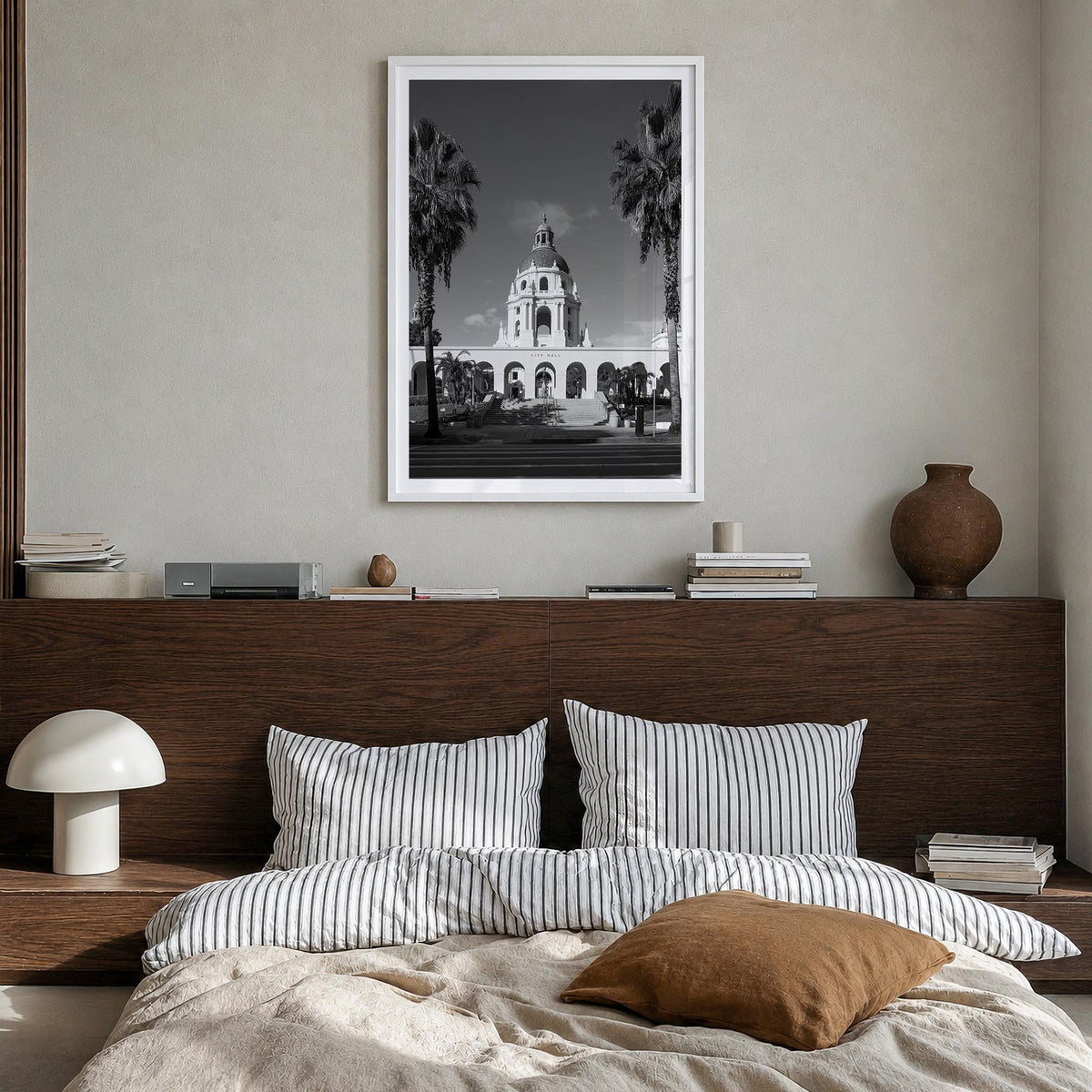 Beverly Hills black & white photo poster of California, USA – vertical wall art in white wood frame with white border, hangin
